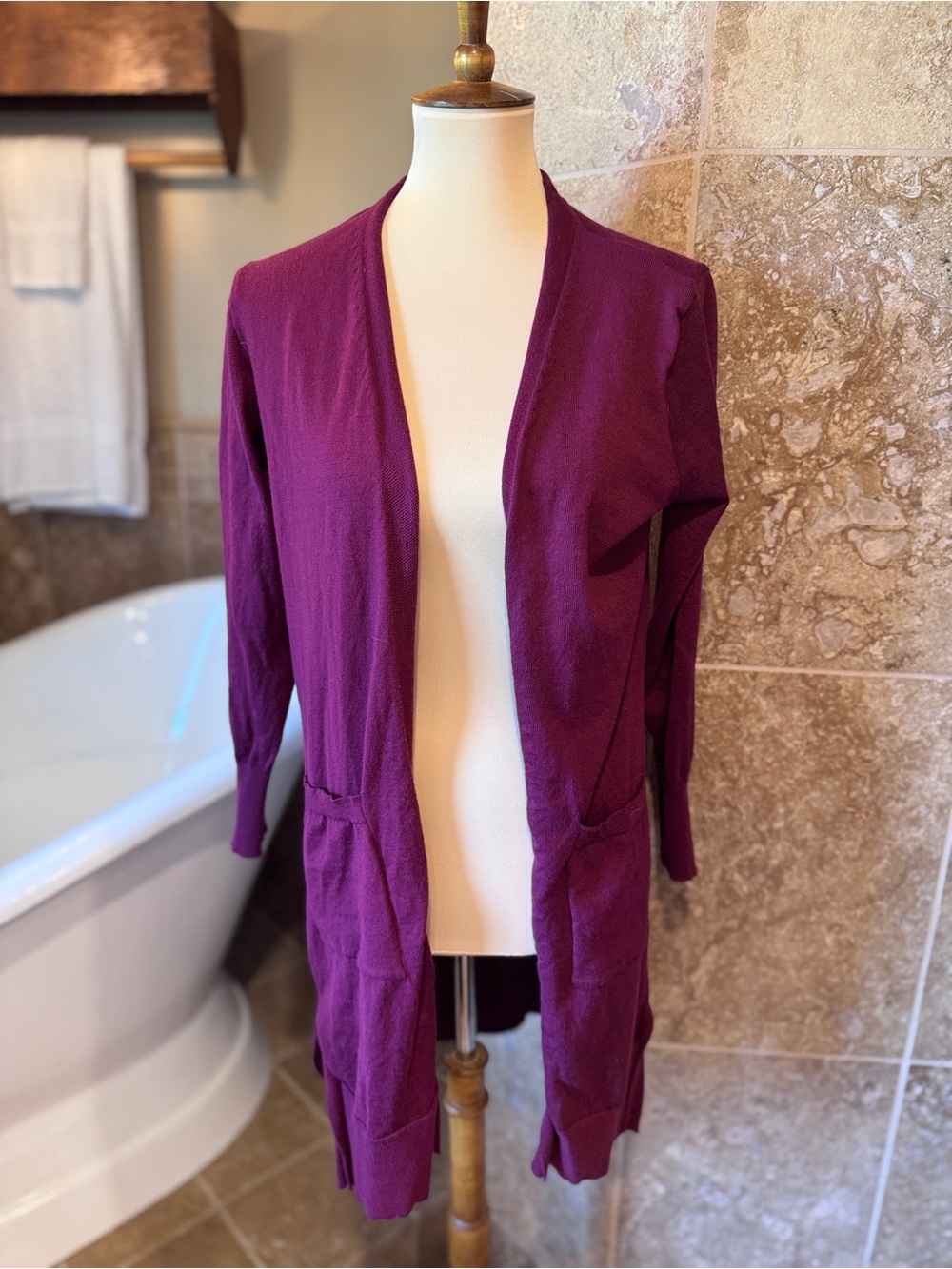 Nine West Open-Front Long Cardigan in Deep Plum size xs